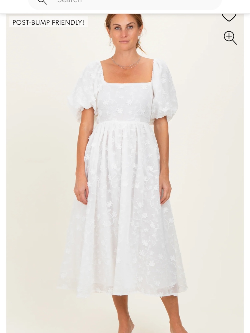 White Embroidered Puff-Sleeve Midi Dress